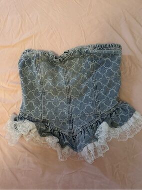 Denim Lace-Trim Corset tube top- Light Blue